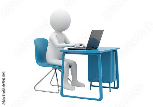 3d stick figure person working on a laptop at a desk isolated on transparent background