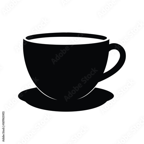 Minimalist black silhouette of a coffee cup and saucer on white backdrop, coffee cup silhouette vector illustration
