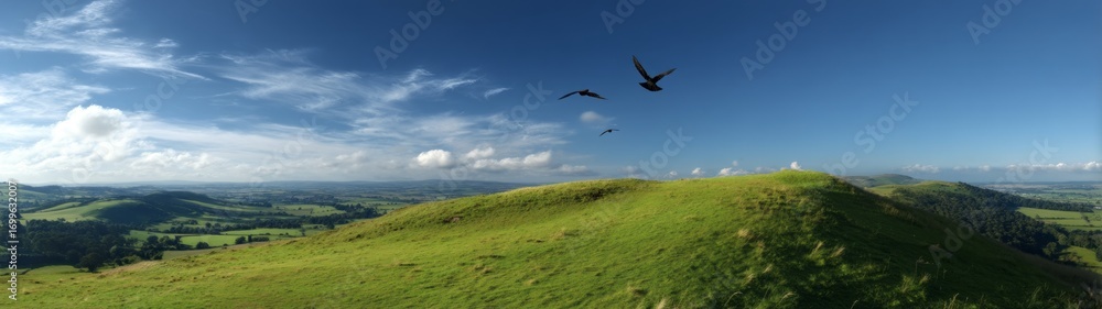 Fototapeta premium Panoramic hdr landscape with birds in flight over lush green hills scenic viewpoint nature's serenity