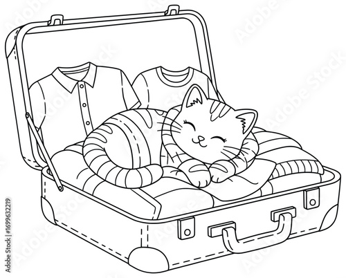 Cat illustration of an adorable pet sleeping comfortably inside a suitcase on top of clothes and a pillow, created as a playful vector line art design perfect for coloring and decoration projects
