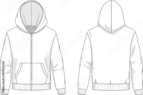 CAD drawing of a hoodie, flat vector illustration, front and back views, fashion design template, casual sweatshirt with hood