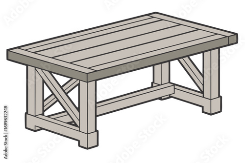 Isometric illustration of a rustic wooden coffee table with X-shaped legs Keywords: coffee table