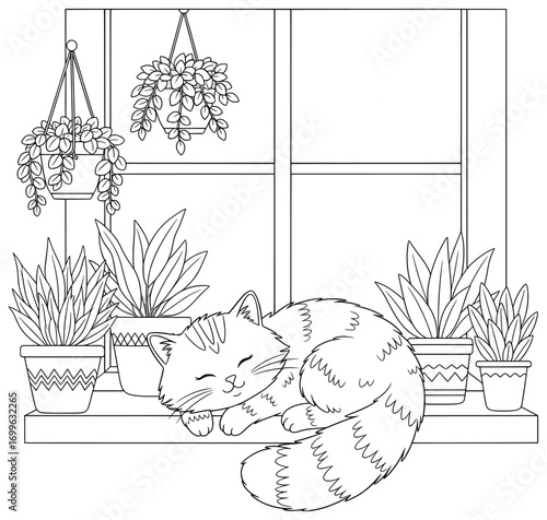 Cat illustration of a relaxed pet sleeping peacefully on a windowsill surrounded by potted and hanging plants, created as a charming vector line art design perfect for coloring and decoration projects