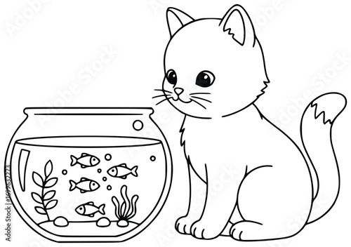 Cat illustration of an adorable pet sitting beside a fishbowl with swimming fish and plants inside, created as a playful vector line art drawing perfect for children’s coloring and decorative projects