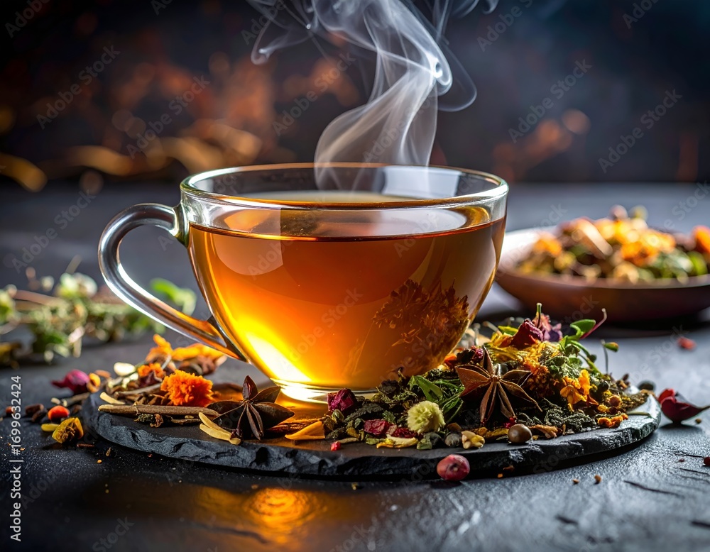 Fototapeta premium Steaming Cup of Aromatic Herbal Tea with Spices