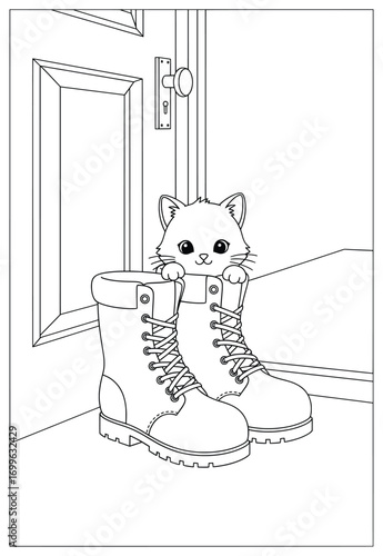 Cat illustration of an adorable pet peeking out playfully from a pair of boots near a door, created as a charming vector line art artwork perfect for children’s coloring pages and decorative projects