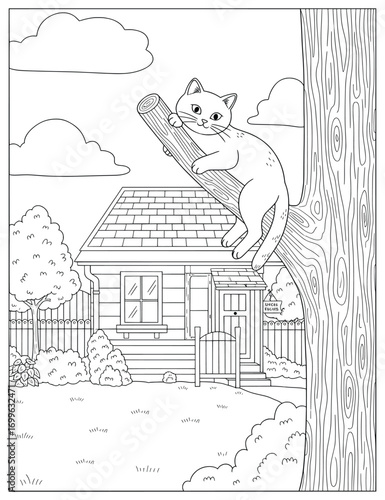 Cat illustration of an adorable pet climbing on a tree branch in front of a house, created as a playful vector line art artwork perfect for children’s coloring pages and creative decorative projects