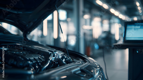 A car engine bay with the hood open in a garage with a laptop nearby for diagnostics and maintenance