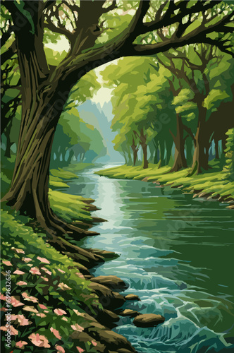 River flowing through tall trees