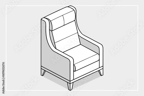 Isometric Line Drawing of a High- Back Armchair on a Gray Background Keywords: armchair, chair, furniture