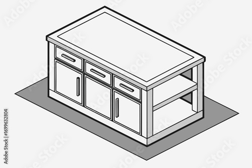 Isometric Line Drawing of a Kitchen Island with Cabinets and Shelves Keywords: kitchen island, kitchen