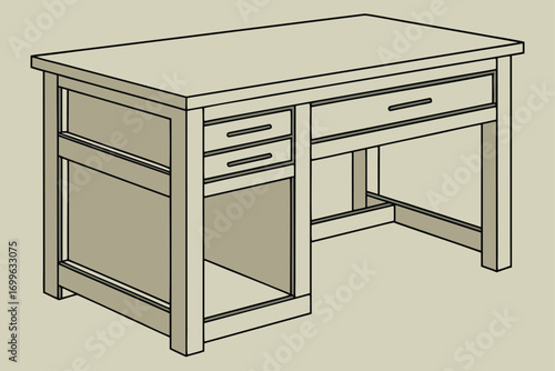 Isometric Line Drawing of a Wooden Desk with Drawers Keywords: desk, table, furniture, office, study