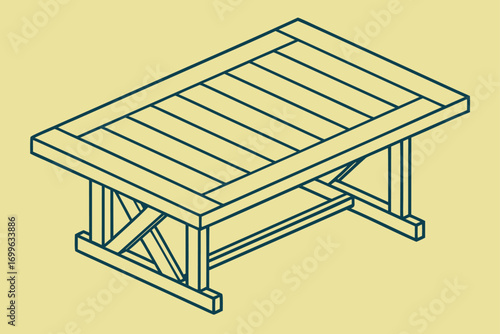 Isometric Wooden Table with Plank Top and X- Braced Legs Keywords: isometric, table, wooden table, dining