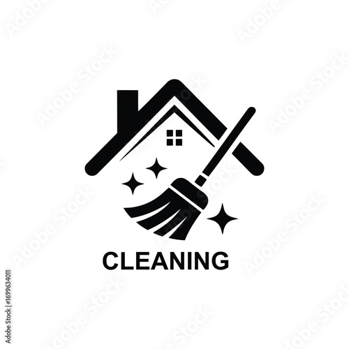 Black house cleaning logo with broom and sparkles home