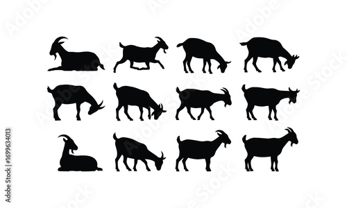 Black goat silhouettes in various poses on white background