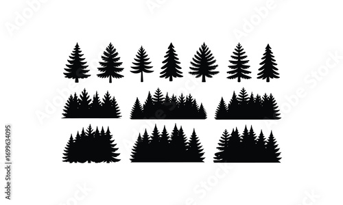 Black silhouette pine trees forest collection vector