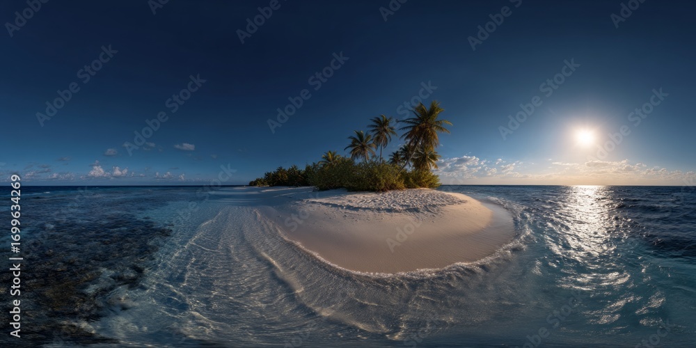 Naklejka premium Serene tropical island sunset maldives hdr panoramic landscape tranquil beach environment wide-angle view relaxation concept