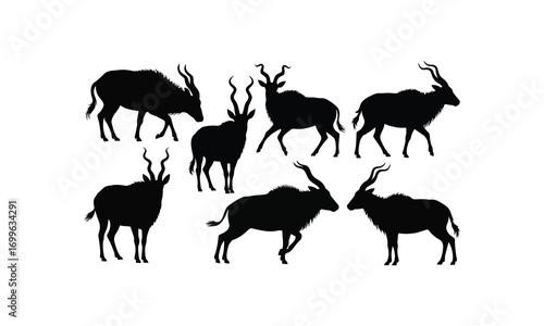 Seven black antelope silhouettes on white background