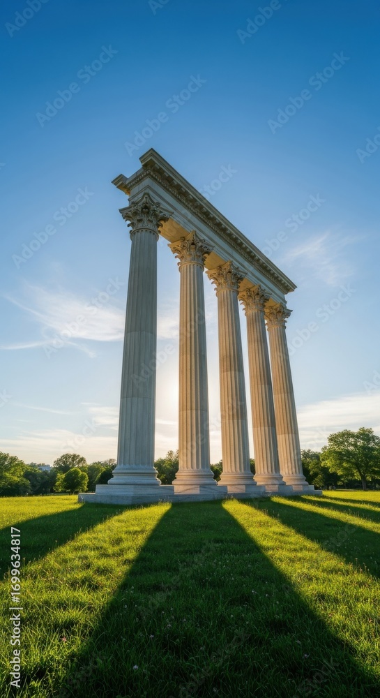 Obraz premium Classical columns under a sunny sky in a park with lush green grass