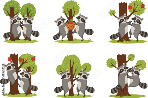 Cute cartoon raccoons playing around trees, harvesting apples, climbing, and interacting in nature, playful wildlife animals, forest animal friends activities