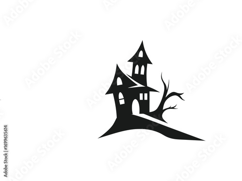 Halloween hunted house Spooky silhouette with bats flying around on halloween night, Hunted house vector silhouette
