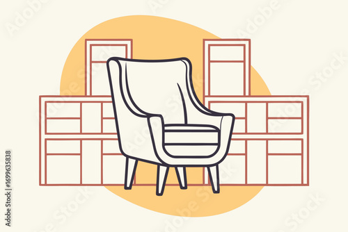 Line drawing of armchair in front of shelves on yellow oval Keywords: armchair, art, background, brown