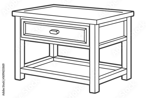Line Drawing of a Wooden Nightstand with Drawer and Open Shelf table furniture