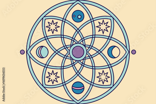 Mandala with Celestial Symbols on Beige Background geometric pattern