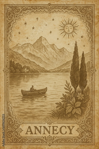 Romantic European city illustration with traditional buildings and historic streets. Timeless wall art poster for lovers of travel, architecture and classic design.