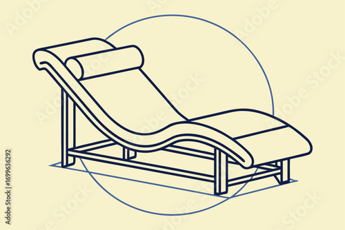 Minimalist Line Art of a Chaise Lounge with Blue Circle Outline furniture relaxation