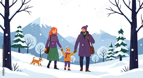 Adobe illustrator artwork vector illustration. A joyful family of three, with their pet dog, walks through a beautiful, snowy winter landscape of mountains and trees, holding hands and smiling