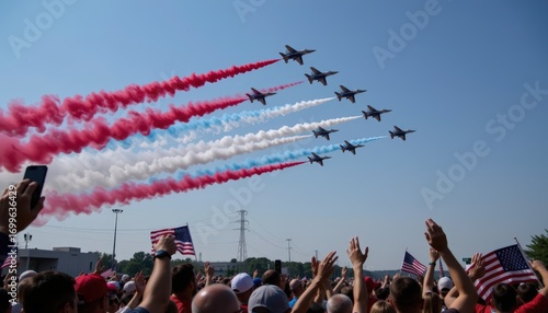A high speed flyover of military jets trailing red, white, and blue smoke across clear sky