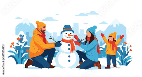 Adobe illustrator artwork vector illustration. A joyful family of three, with their pet dog, walks through a beautiful, snowy winter landscape of mountains and trees, holding hands and smiling
