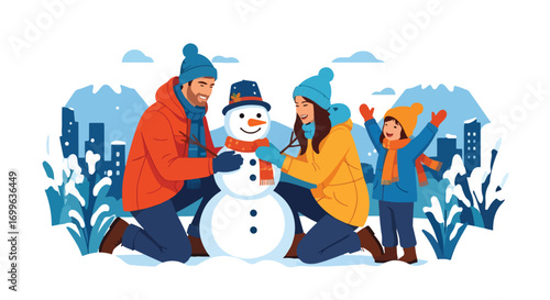 Adobe illustrator artwork vector illustration. A joyful family of three, with their pet dog, walks through a beautiful, snowy winter landscape of mountains and trees, holding hands and smiling