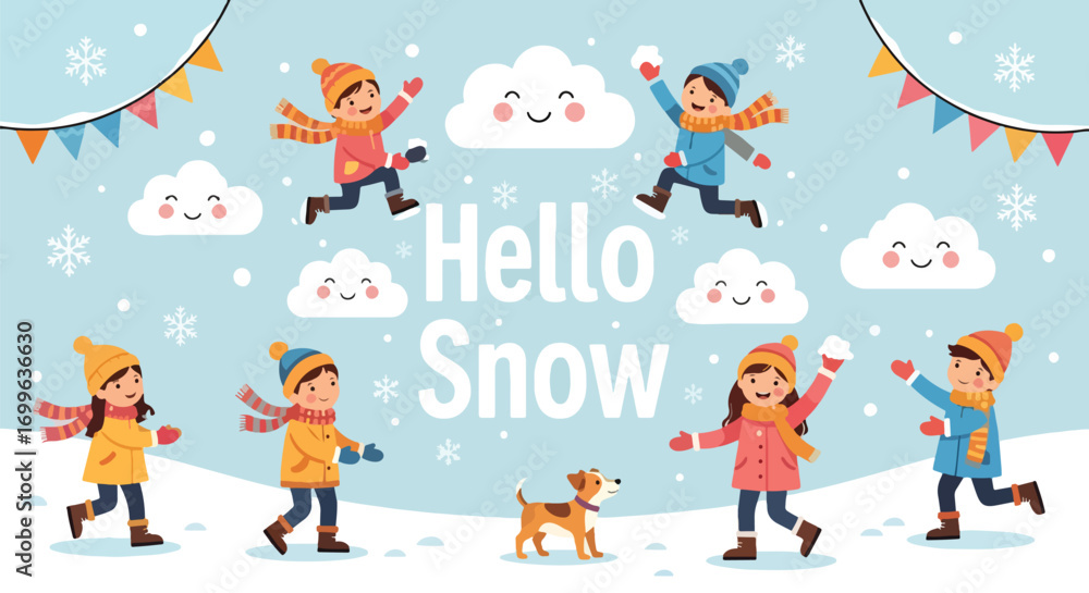 Obraz premium Adobe illustrator artwork vector illustration. Diverse group of happy children in winter clothes, accompanied by their dogs, playing joyfully in a snowy landscape under a 