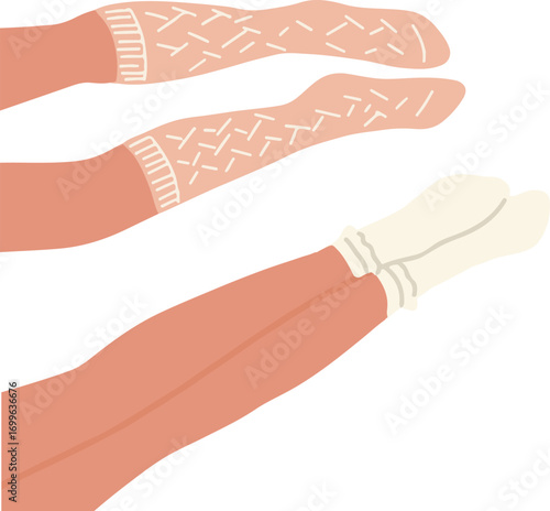 Two couple women legs on the floor up view flat style with cup on white