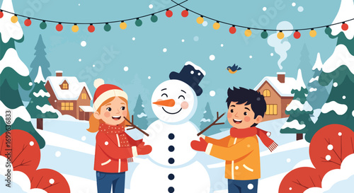 Adobe illustrator artwork vector illustration. Two cheerful children in red winter coats are building a snowman with a top hat and scarf in a festive, snowy village scene adorned with colorful 