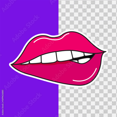 Vibrant pop art illustration of a woman's seductive mouth biting glossy pink lips, isolated vector sticker design