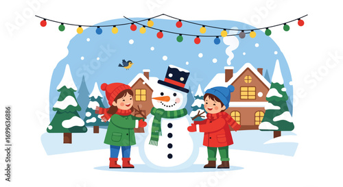 Adobe illustrator artwork vector illustration. Two cheerful children in red winter coats are building a snowman with a top hat and scarf in a festive, snowy village scene adorned with colorful 