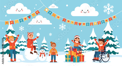 Adobe illustrator artwork vector illustration. Diverse group of happy children, including one in a wheelchair, celebrating winter holidays with a snowman and gifts under festive banners, in a cheerful