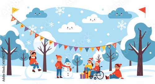 Adobe illustrator artwork vector illustration. Diverse group of happy children, including one in a wheelchair, celebrating winter holidays with a snowman and gifts under festive banners, in a cheerful