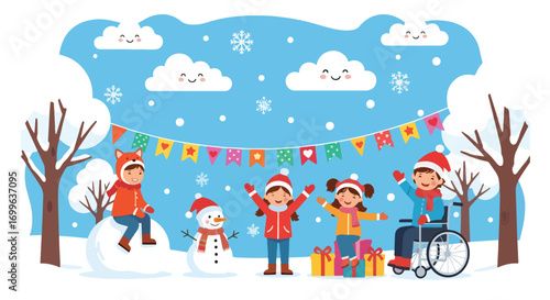 Adobe illustrator artwork vector illustration. Diverse group of happy children, including one in a wheelchair, celebrating winter holidays with a snowman and gifts under festive banners, in a cheerful