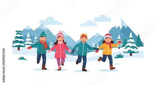 Adobe illustrator artwork vector illustration. Diverse group of happy children, including one in a wheelchair, celebrating winter holidays with a snowman and gifts under festive banners, in a cheerful