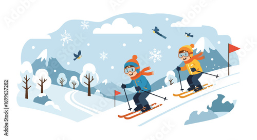 Adobe illustrator artwork vector illustration. Two cheerful children in colorful winter gear, including goggles and hats, happily ski down a snowy mountain slope with flags, surrounded by pine trees