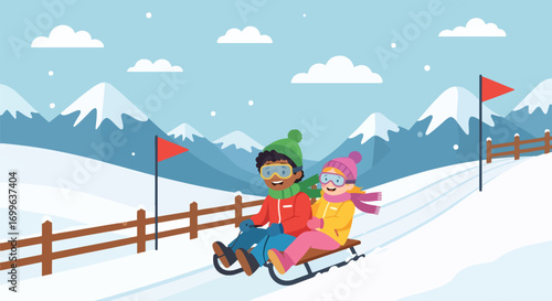 Adobe illustrator artwork vector illustration. Two cheerful children in colorful winter gear, including goggles and hats, happily ski down a snowy mountain slope with flags, surrounded by pine trees