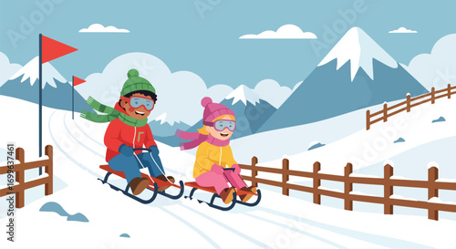 Adobe illustrator artwork vector illustration. Two cheerful children in colorful winter gear, including goggles and hats, happily ski down a snowy mountain slope with flags, surrounded by pine trees