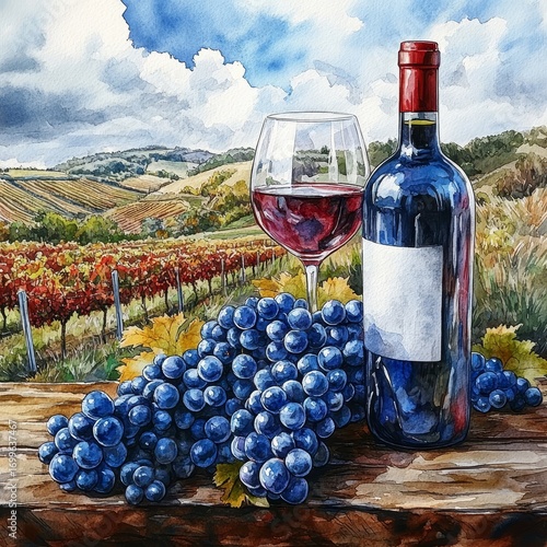 Bunch of blue grapes, red wine bottle and wine glass on landscape with hills and vineyards. Watercolor or aquarelle painting illustration. Created with, Generative AI