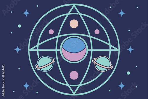 Mystical Cosmic Mandala with Planets and Stars on Dark Blue Background Keywords: space, cosmos, galaxy