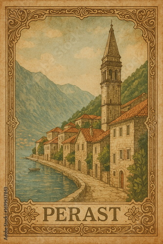 Antique style European city poster featuring historic architecture and scenic streets. Elegant travel illustration ideal for interior decoration and art collections.