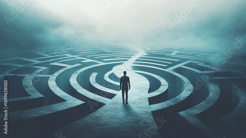 A solitary figure stands at a maze entrance facing an uncertain path a foggy landscape surrounds the intricate structure